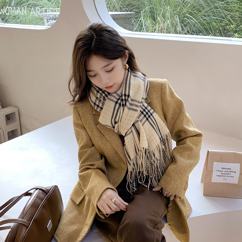 Autumn and Winter New Thin Plaid Scarf Korean Style Reversible Two-Color Thickened Warm Mid-Length Cashmere-like Scarf Women‘s Shawl
