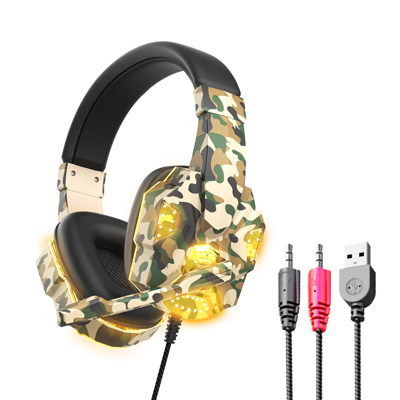 Cross-Border Private Model Camouflage Luminous Headphones Game Head-Mounted Computer Notebook Headset Wired E-Sports Pubg Headset