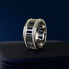 新款罗马数字镂空双排钻戒指不锈钢欧美简约男女士戒创意饰品