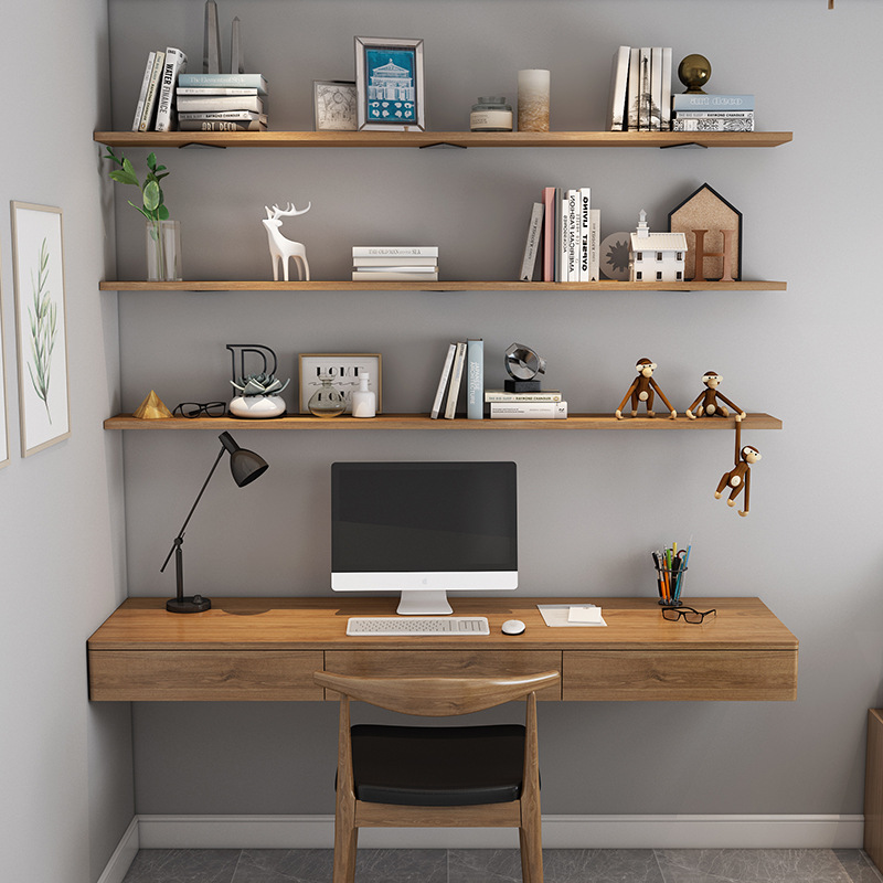 壁挂式双人电脑桌悬空整墙上家用实木一字板书桌书架组合带抽屉柜