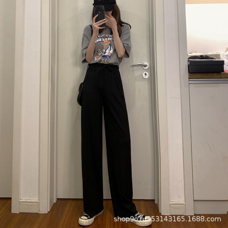 Ice Silk Wide-Leg Pants Women's Summer 2021 New High Waist Drooping Loose Straight Thin Casual Slimming Pendant Mop Pants