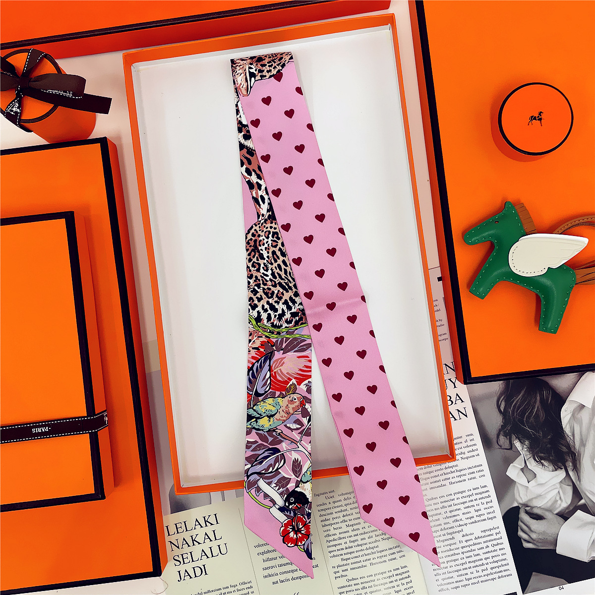 网红直播粉色爱心双层纯真丝飘带小丝巾长条桑蚕丝领巾发带腕带女