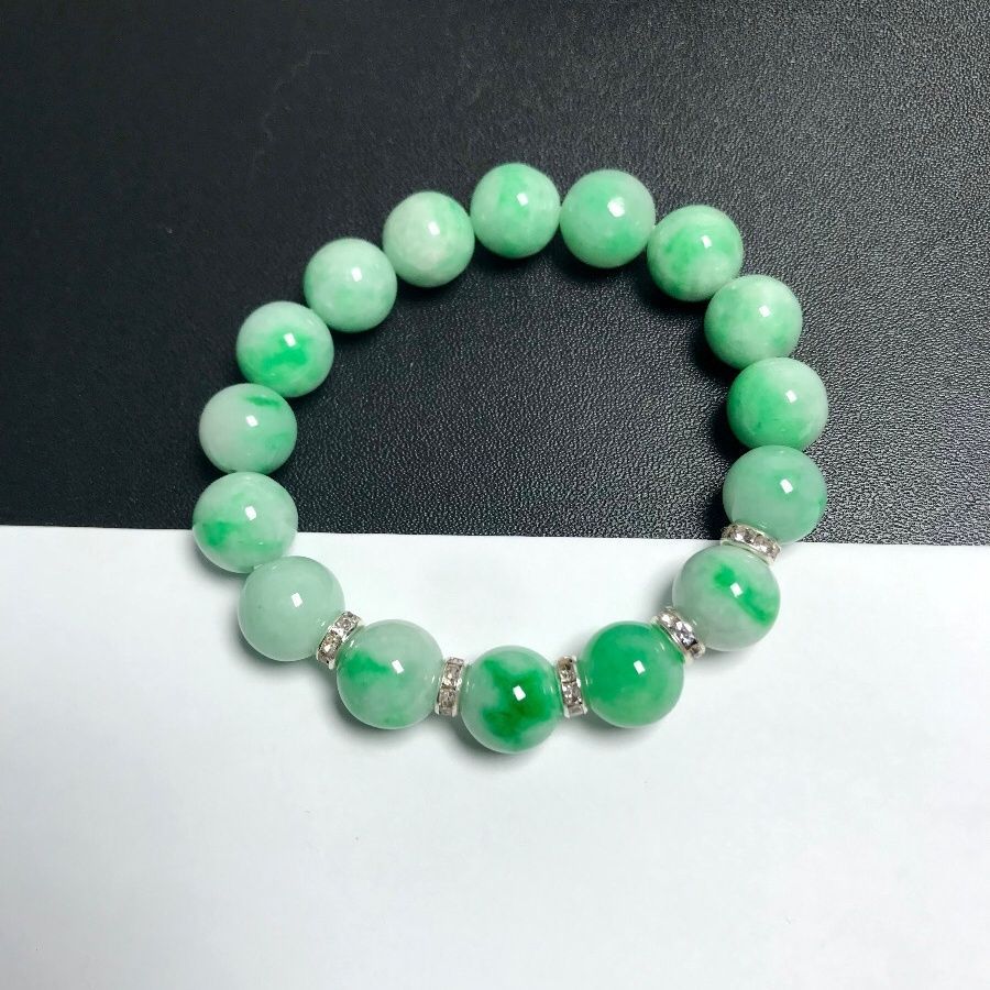 天然缅甸翡翠a货老坑糯种白底青飘阳绿珠子手串女士珠子卡11mm