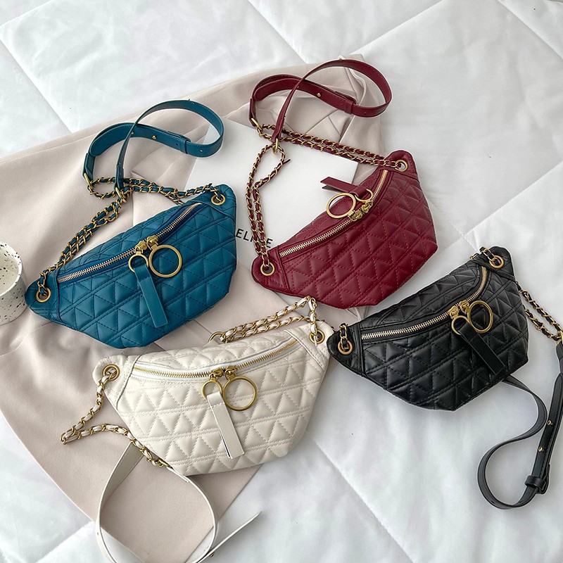 2021 Autumn Summer New Waist Bag Fashion Messenger Bag Chain Shoulder Chest Bag Disco Bag Rhombus Embroidery Thread Small Bag for Women