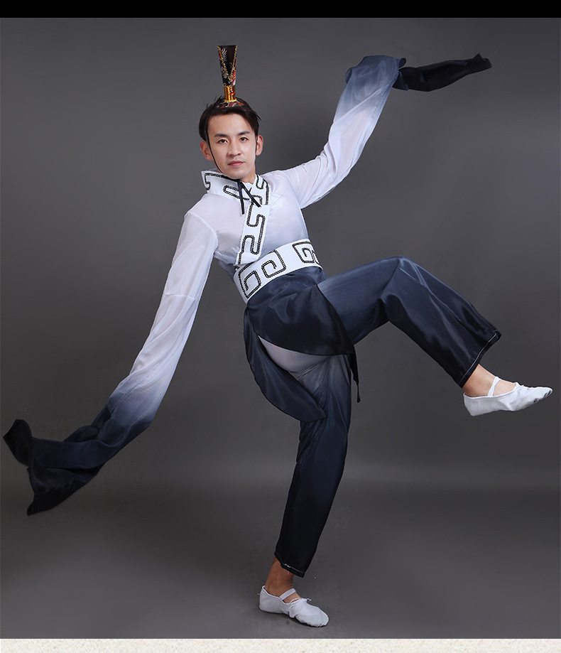 男装中国风汉服舞蹈服水袖舞古典舞表演服墨舞短袖演出服水墨渐变