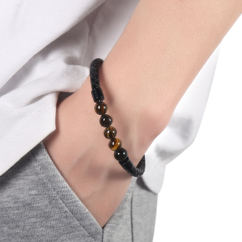 跨境欧美风男士虎眼石皮手链串珠手环皮绳磁扣手链亚马逊现货批发