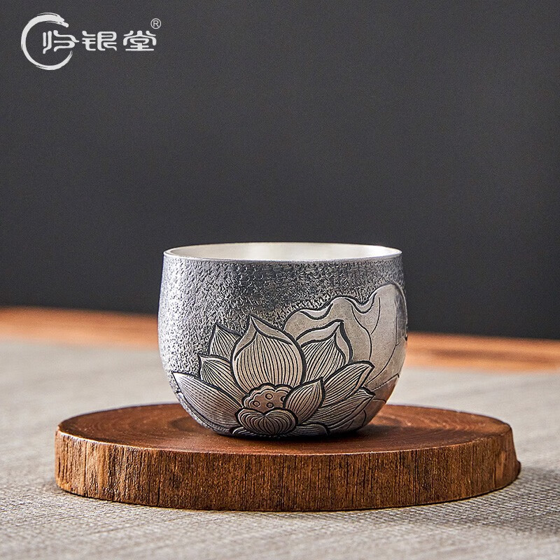 归银堂银杯子999纯银纯手工莲韵足银品茗杯主人杯功夫茶杯个人银