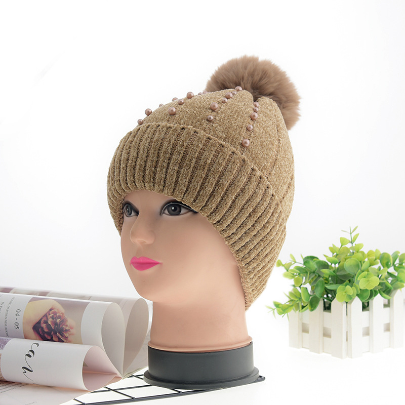 Hat Female Autumn and Winter Korean Style Versatile Student Wool Hat Fashion Pearl Sleeve Cap Thickened Warm Knitted Hat