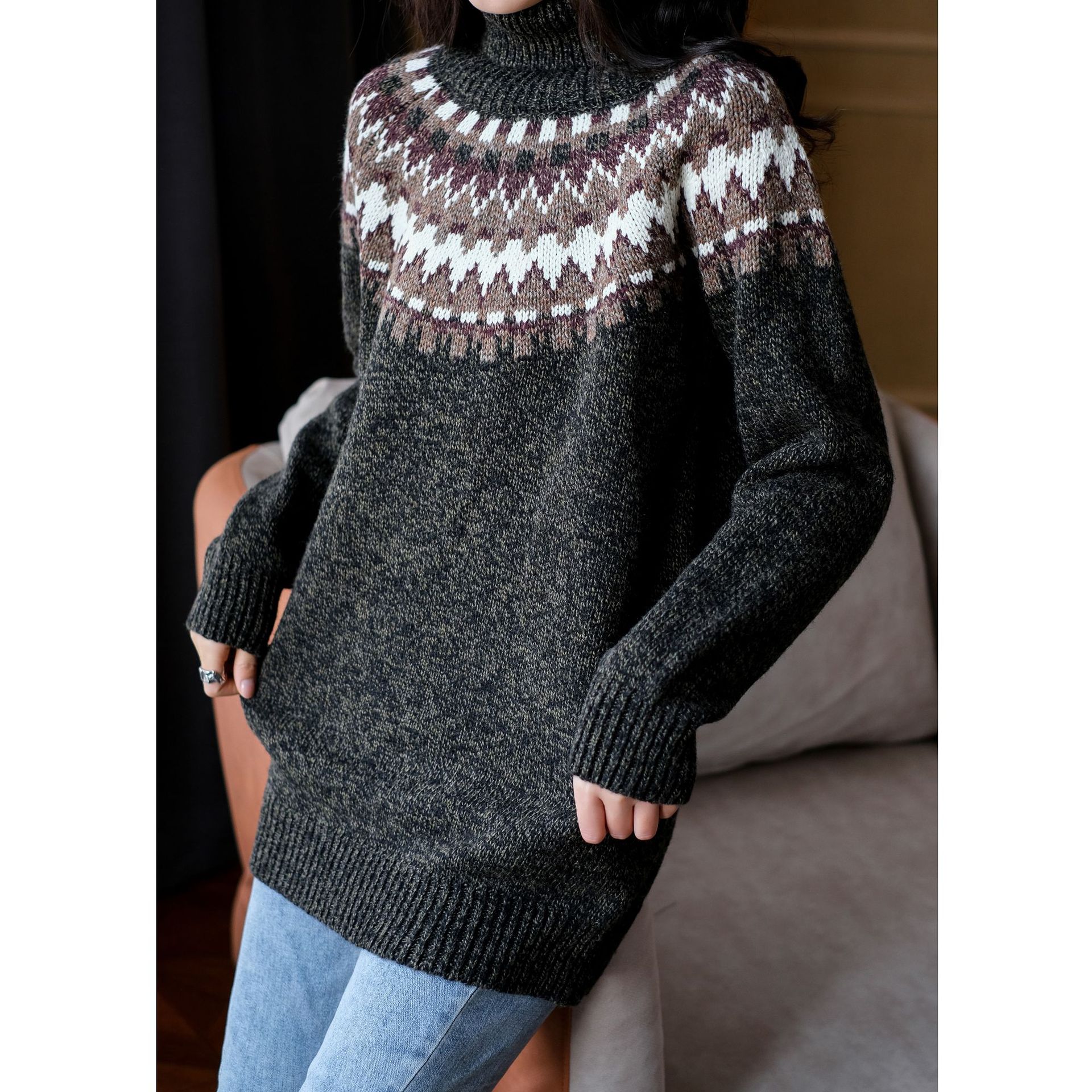 圣诞高领提花毛衣女秋冬费尔岛复古日系宽松新款打底衫加厚针织