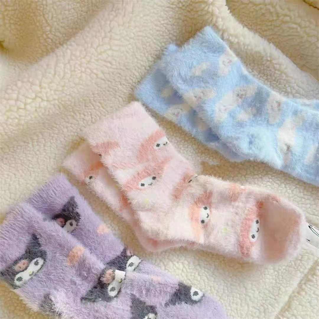 Sanrio Melody Cinnamoroll Babycinnamoroll Mink Fur Socks Women's Autumn and Winter Thermal Home Wear Room Socks Thick Sleep Maternity Socks
