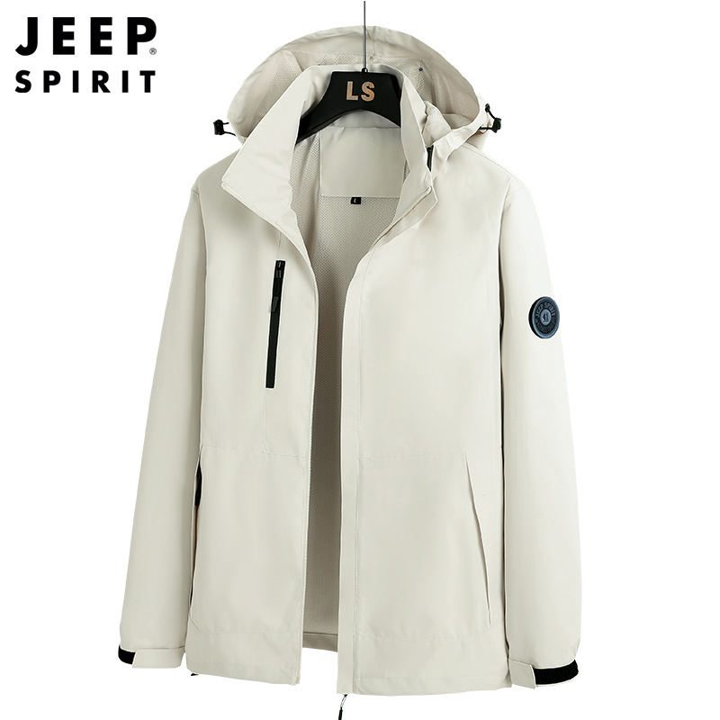 jeep spirit新款男士冲锋衣夹克防风连帽宽松大码户外休闲夹克男