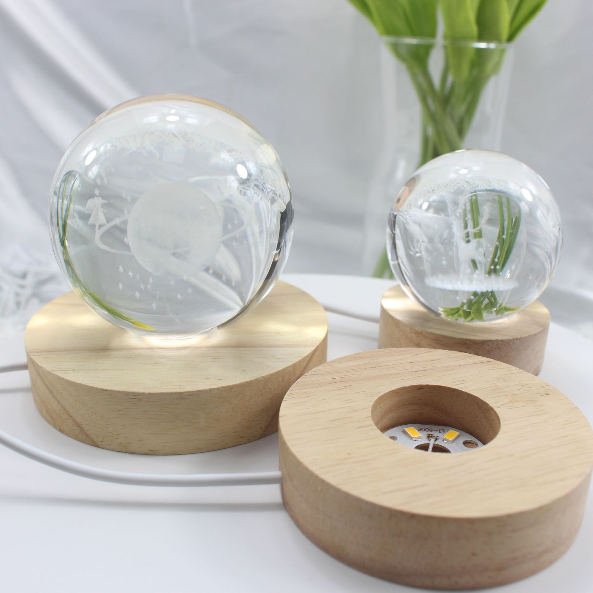 水晶球摆件发光底座圆形底座床头灯小夜灯木底座usb开关香薰灯座