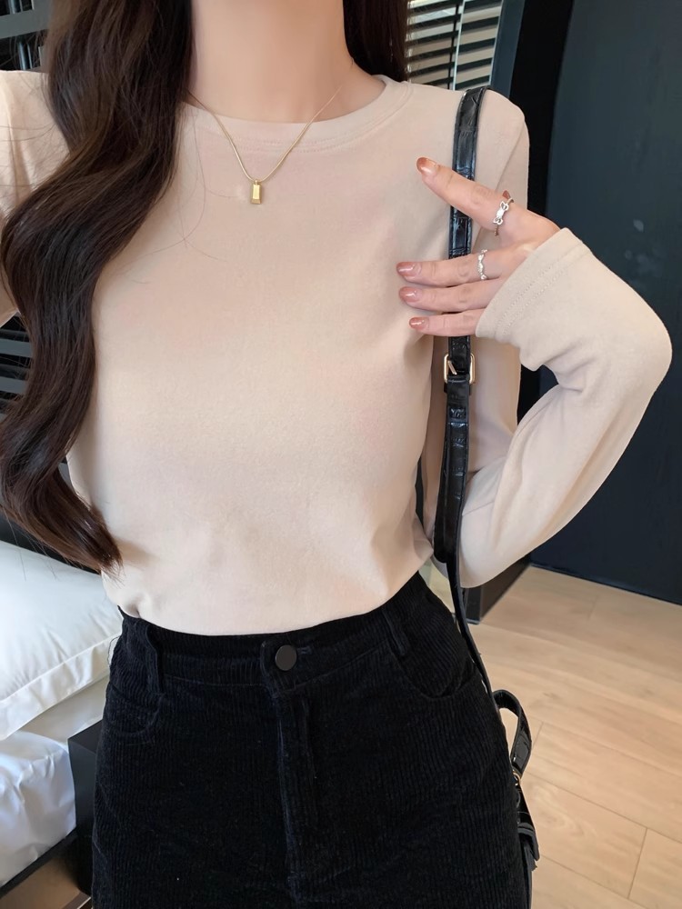8个色现货螺纹德绒圆领打底衫t恤女百搭纯色长袖修身内搭上衣女