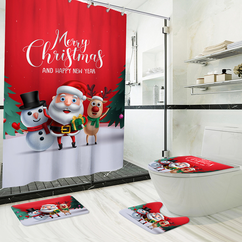 Amazon Santa Claus Printing Shower Curtain Waterproof and Mildew-Proof Four-Piece Polyester Shower Curtain Toilet Cover Floor Mat Four-Piece Set