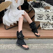 韩国小众靴子夏款女内增高辣妹夹趾人字坡跟凉靴两穿堆堆长裤管靴