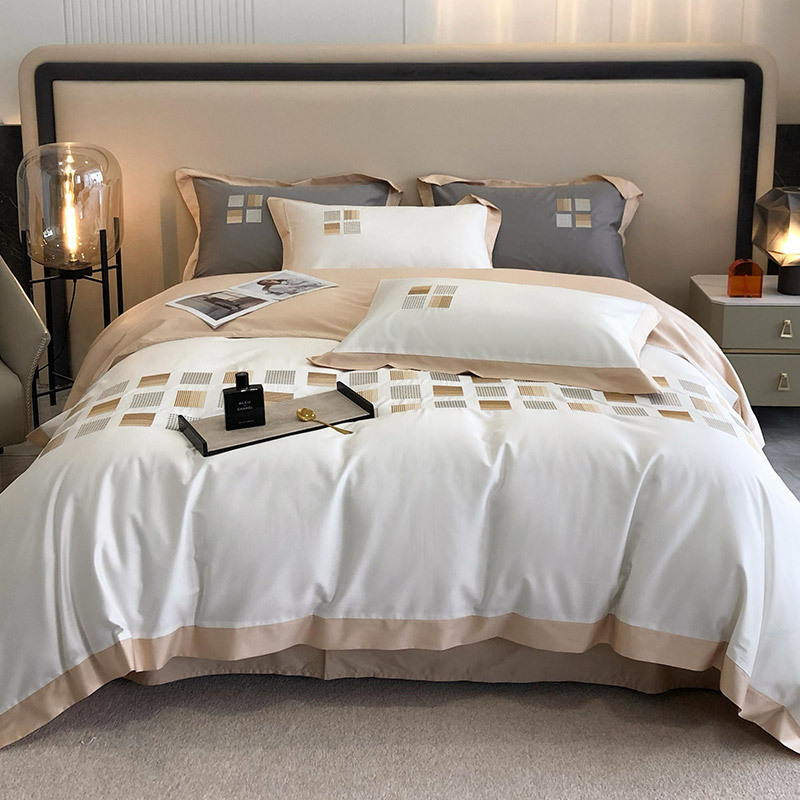 Class A European Entry Lux Style 140 Long-Staple Cotton Four-Piece Set Simple Embroidery Cotton Quilt Cover Bedding