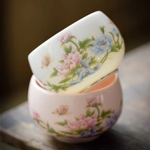 粉色茶杯子羊脂玉主人杯单杯牡丹花女士高端个人专用陶瓷茶杯高端