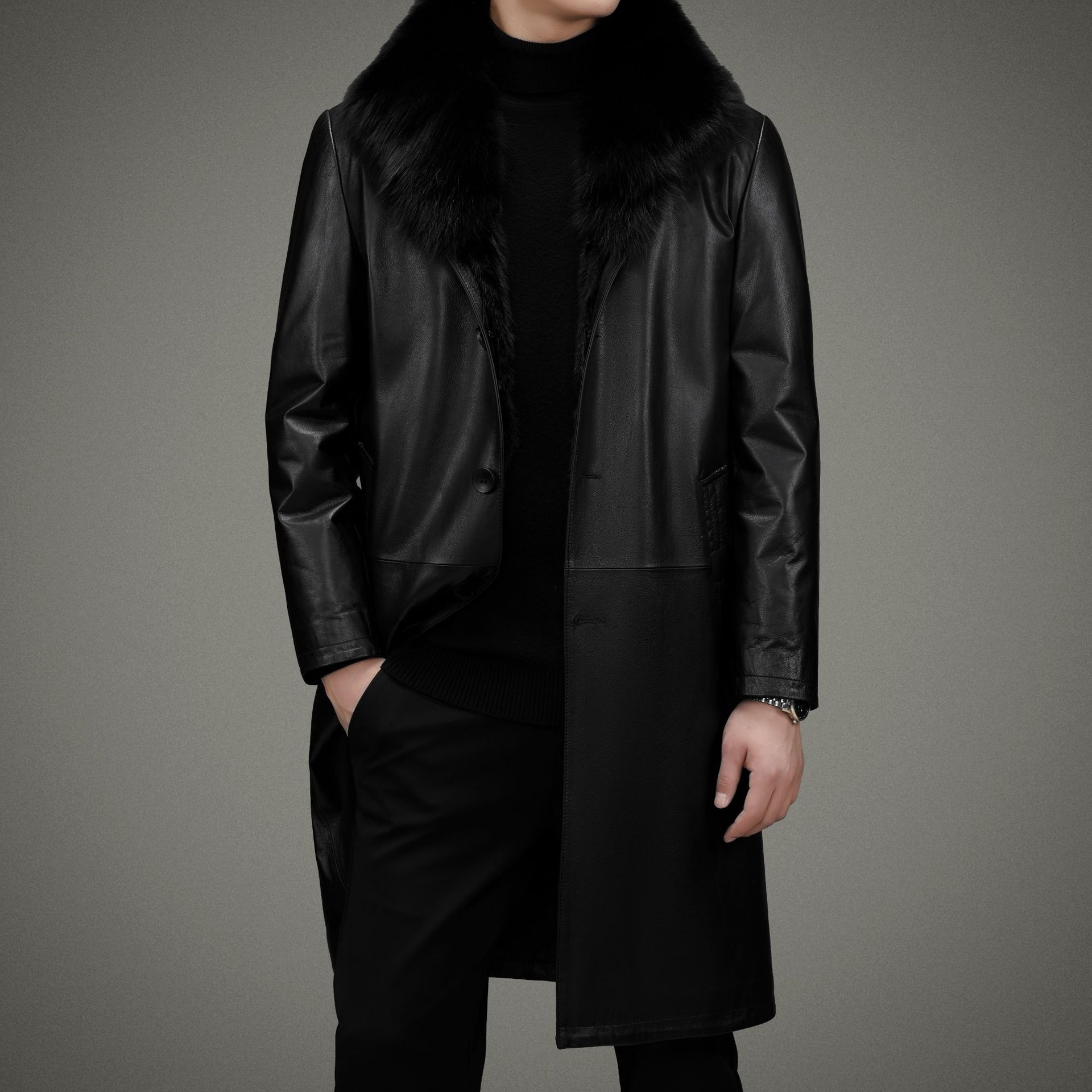 海宁真皮皮衣男新款男士长款皮衣加厚皮风衣牛皮狐狸领皮大衣外套