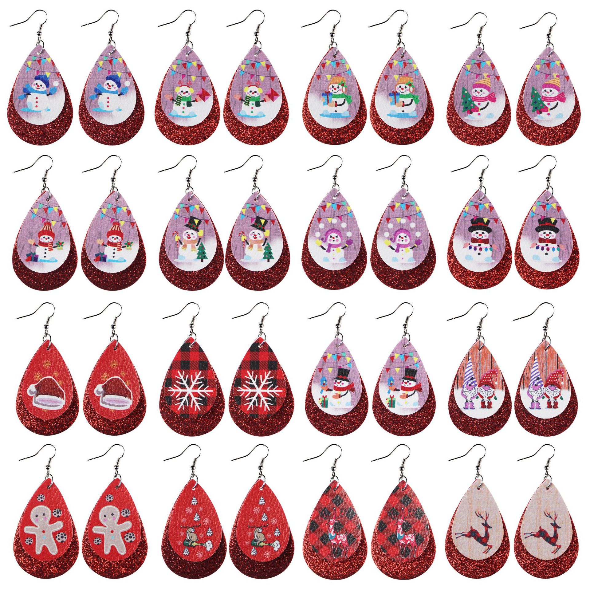 Christmas Double-Layer Leather Earrings Snowman Christmas Tree Gift Water Drop Pu Earrings Female Accessories Accessories