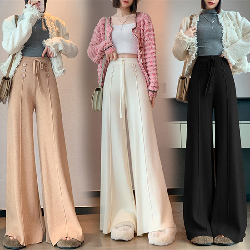 Autumn and Winter 2023 New Drape Knit Wide Leg Bootcut Trousers Women's Lace-up Thick Loose Solid Color Casual Mop Pants