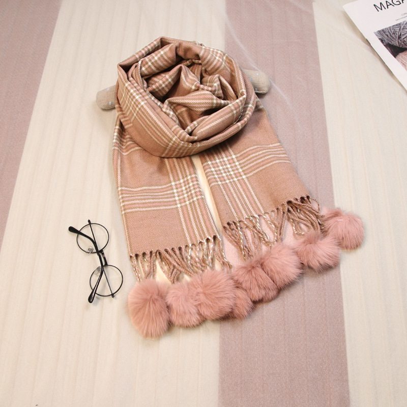 Children's Scarf Scarf Dual-Purpose Autumn and Winter Thick Warm Cashmere-like Plaid Rabbit Hair Ball Scarf for Boys and Girls