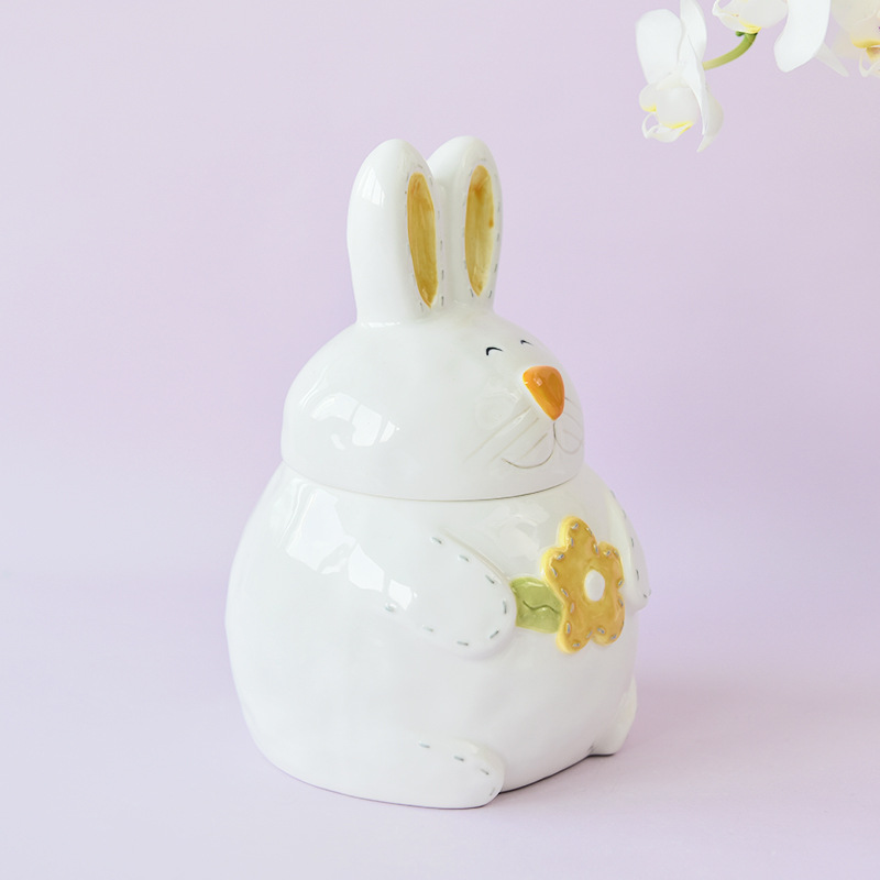 Large Capacity Rabbit Storage Tank Cute Creative Ceramic Flower Relief Storage Jar Household Daily Use Miscellaneous Grains Jar