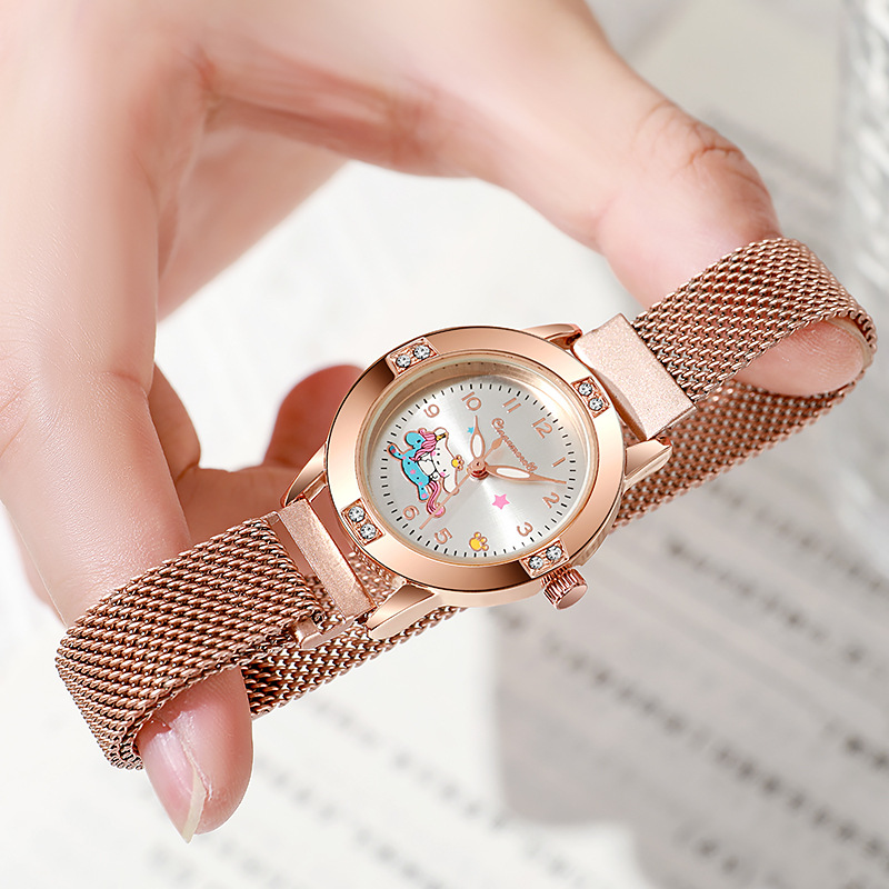 Rose Gold Diamond Women's Watch Middle School Student Watch Female Magnet Adsorption Band Milan Nice Quartz Watch Sanrio