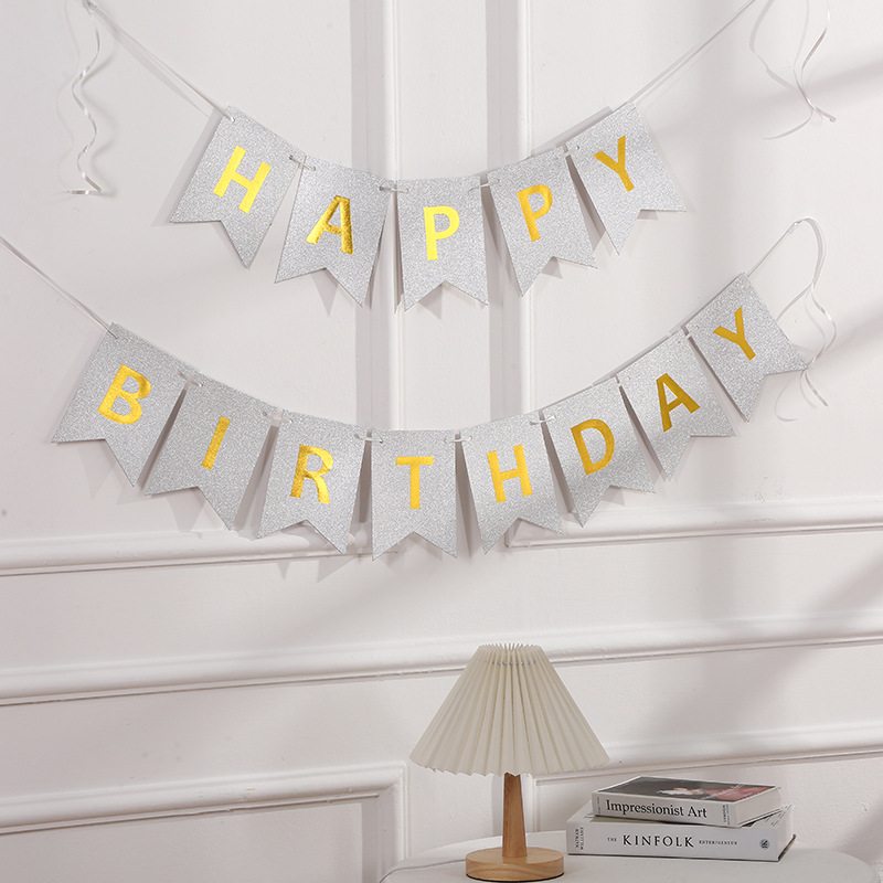 Factory Wholesale Birthday Pull Period Frosted Bronzing Fishtail English Happy Birthday Hanging Flag Birthday Party Decoration Banner