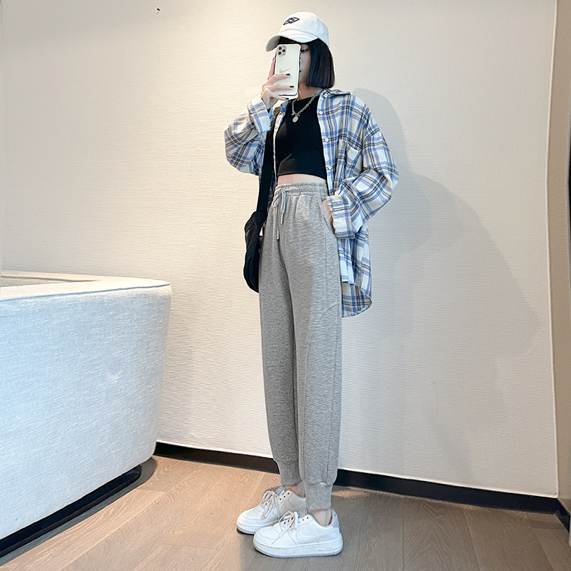 华夫格裤子女春秋季2021年新款潮ins宽松束脚运动裤灰色休闲卫裤