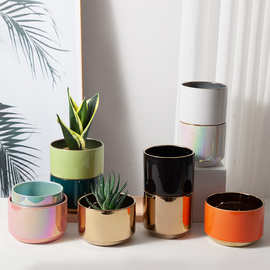 陶瓷兰花花盆玫瑰金色创意七彩个性多肉北欧简约大号直筒绿植盆栽