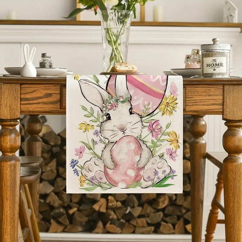 Cross-Border Amazon Temu Popular Easter Linen Table Runner Rabbit Table Runner Kitchen Decorative Printed Dining Table Table Cloth