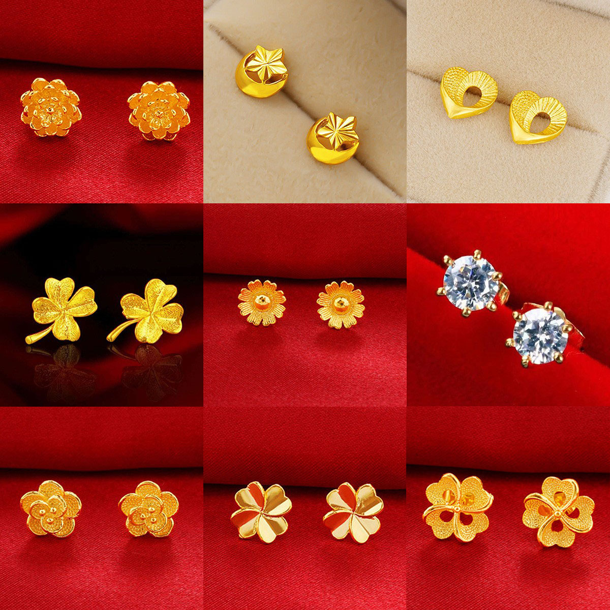 vietnam placer gold fancy stud earrings brass gold plated rose clover hollow earrings fashion women‘s earrings wholesale