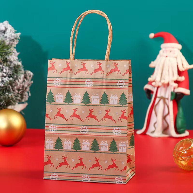 New Kraft Paper Christmas Series Style Portable Gift Bag 130G Yellow Kraft Twine Handbag in Stock