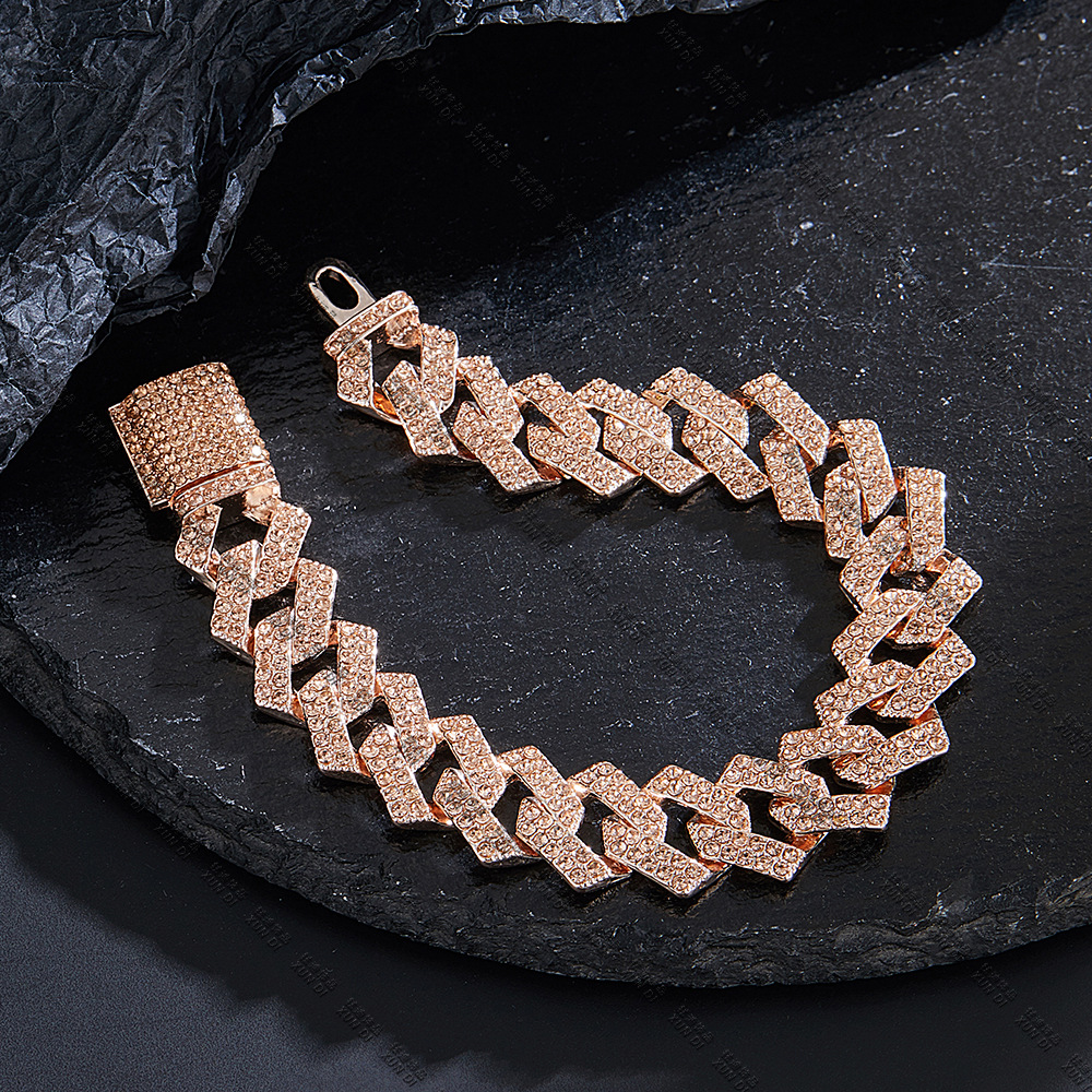 Hip Hop Style 15mm Cuban Link Chain Diamond Alloy Rhinestone Champagne Cuban Bracelet European and American New One Piece Dropshipping