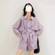 【杜鹃同款】对白紫色法式衬衫短裤套装女夏季新款职业套装两件套