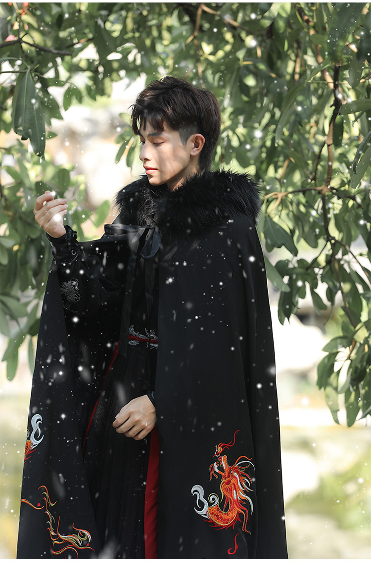 冬季新款汉服男装中国风男生刺绣斗篷中长款古装加绒连帽保暖披风