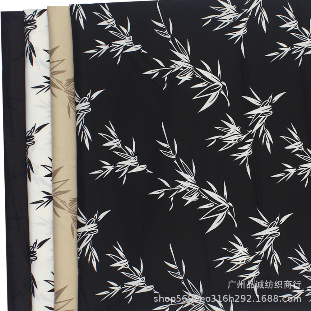 破卡平纹缎印花国风竹叶子雪纺印花布春夏男装衬衫防蚊裤印花面料