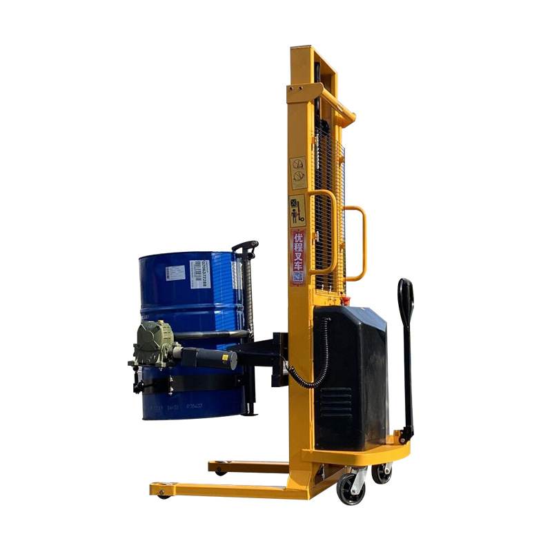 优程叉车电动油桶升高倒料车铁桶塑料桶搬运车圆桶称重液压装卸车