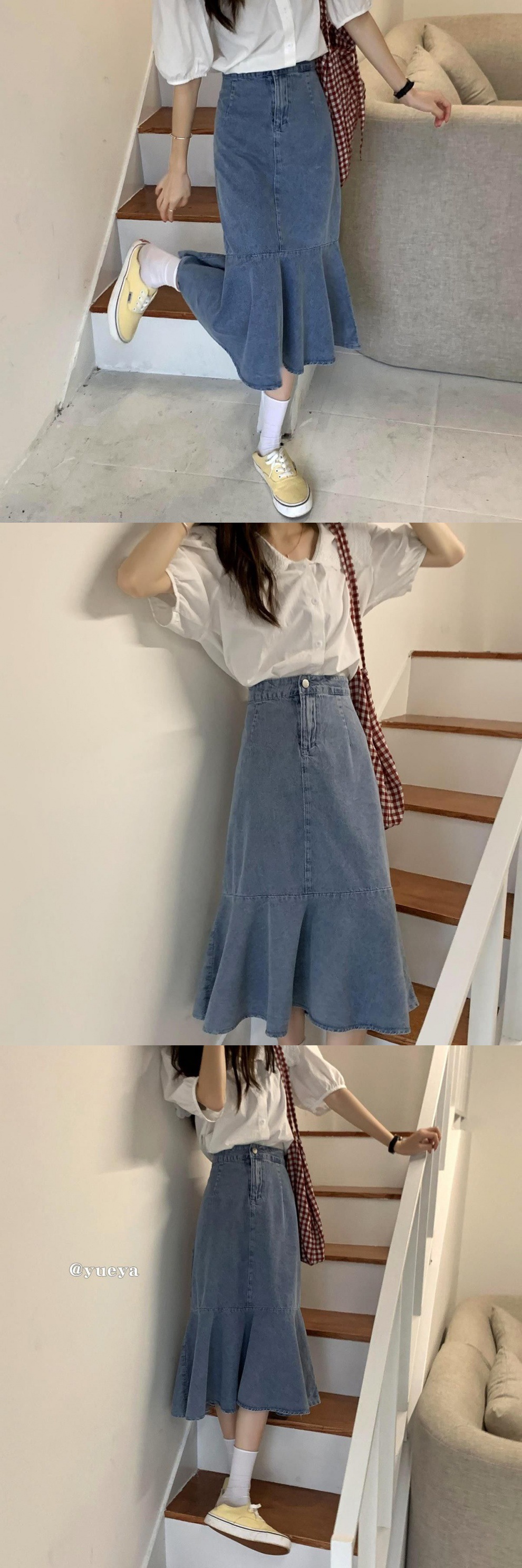 半身喇叭裙荷叶边牛仔半身裙女夏季薄款辣妹百搭高腰包臀裙可代发