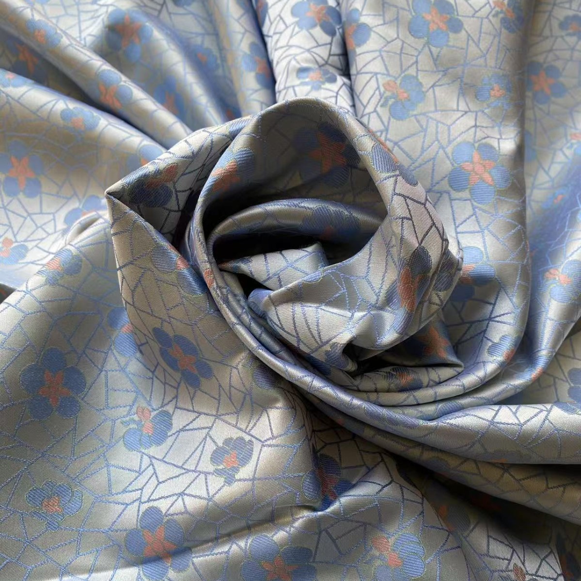 冰裂纹小蓝花经典复古清新宋锦桑蚕丝服装面料