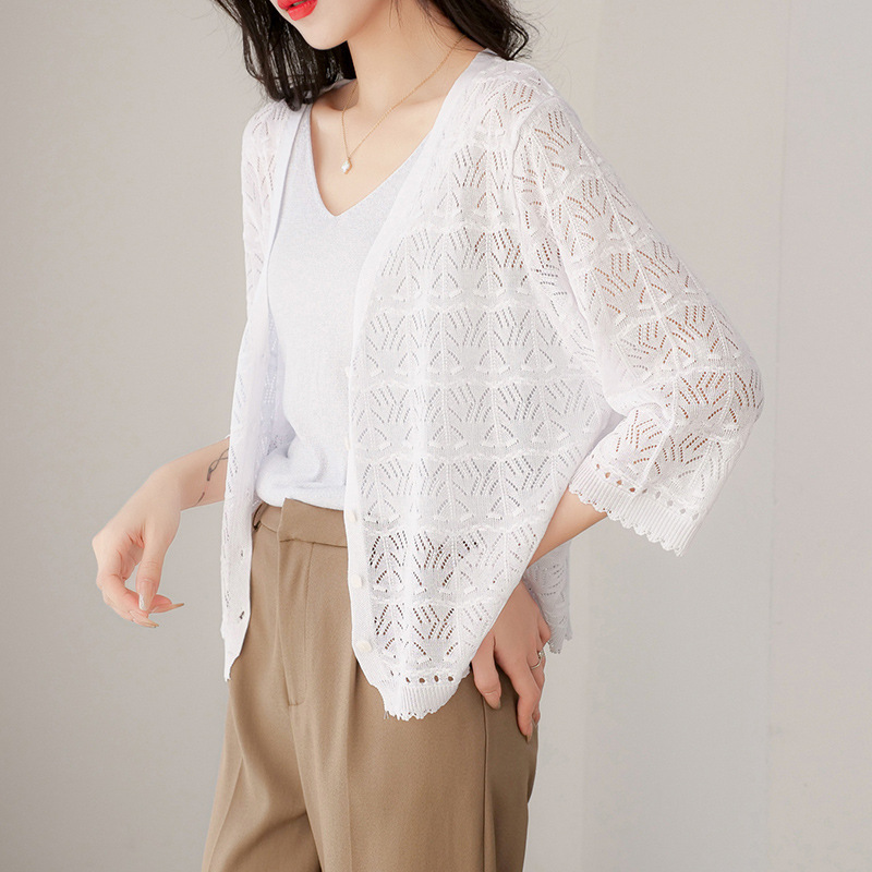 2023 Summer New Women's Fashion Thin Hollow Knitted Cardigan Female Short Temperamental Loose Air-Conditioner Sunscreen Shirt