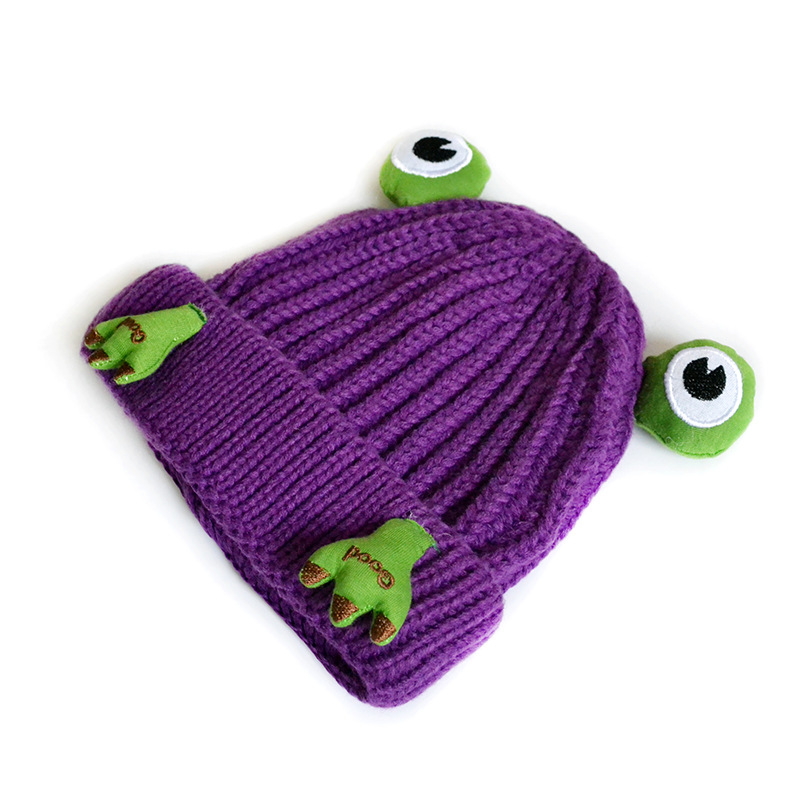 Chengwen New Children's Knitted Hat Boys and Girls Cute Cartoon Frog Hat Three-Dimensional Cap with Eyeshield Wool Hat