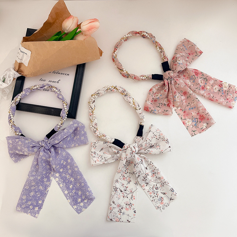 碎花发箍带飘带夏天法式珍珠头箍丝巾发带女绑发丝带发卡仙女发饰