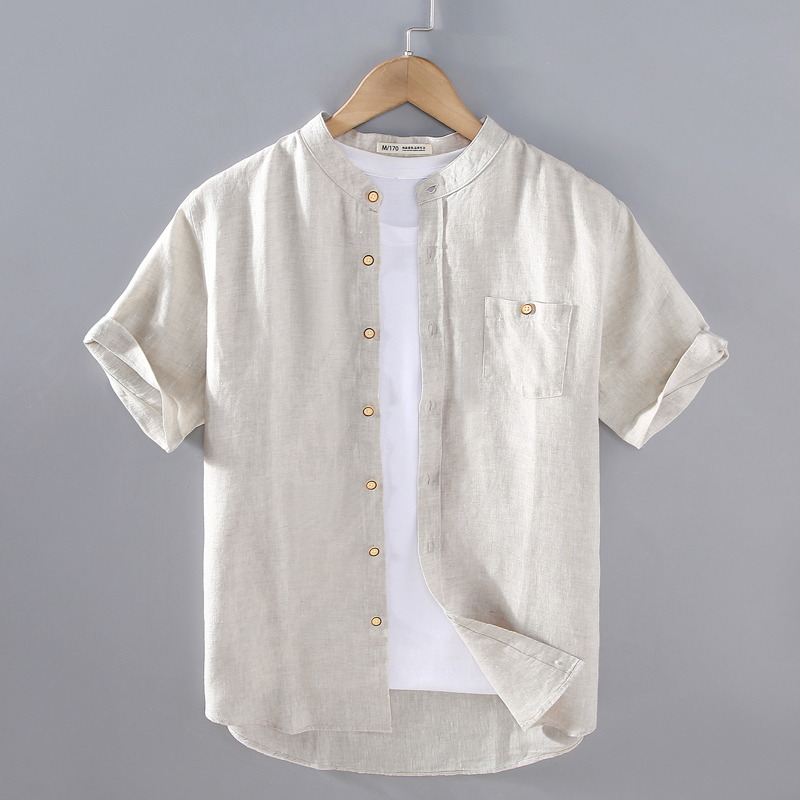感男士纯亚麻短袖立领衬衫麻布男装棉麻布料衬衣宽松休闲寸衫