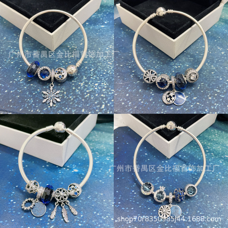 Pandora S925 Sterling Silver Beads Blue Series Ocean Heart Bracelet Hanging String Beads Necklace Diy Accessories