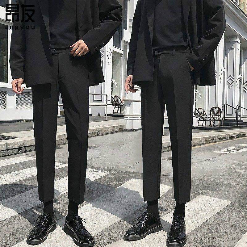 Spring Thin Casual Korean Style Elastic Waistband Slim Fit Ankle-Length Draping Effect Small Suit Pants Men's Straight Black Loose