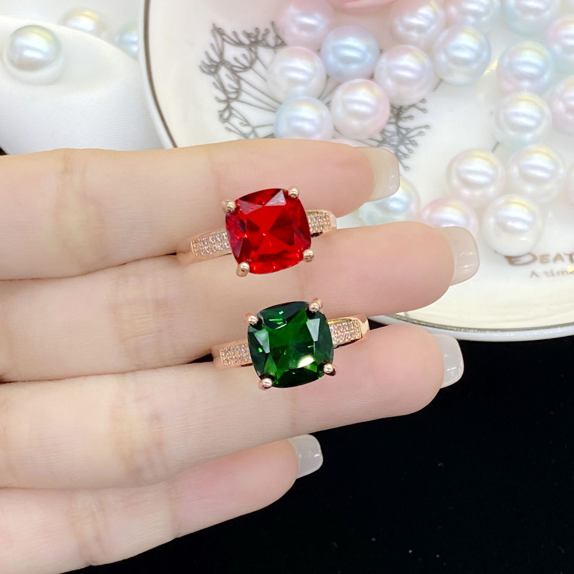 新品气质高端正方形仿真祖母绿碧玺开口戒指女 镀18k玫瑰金色指环