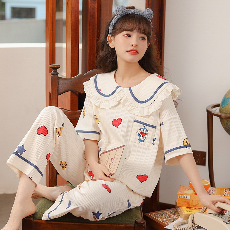 Pajamas Women's Summer Cotton Short Sleeve Trousers Casual 2023 High-Profile Figure Women's Korean-Style Cartoon Homewear Suit