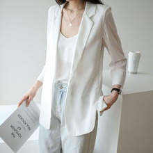 雪纺西装外套女2024夏季新款韩版宽松白色薄款中长款七分袖防晒衫