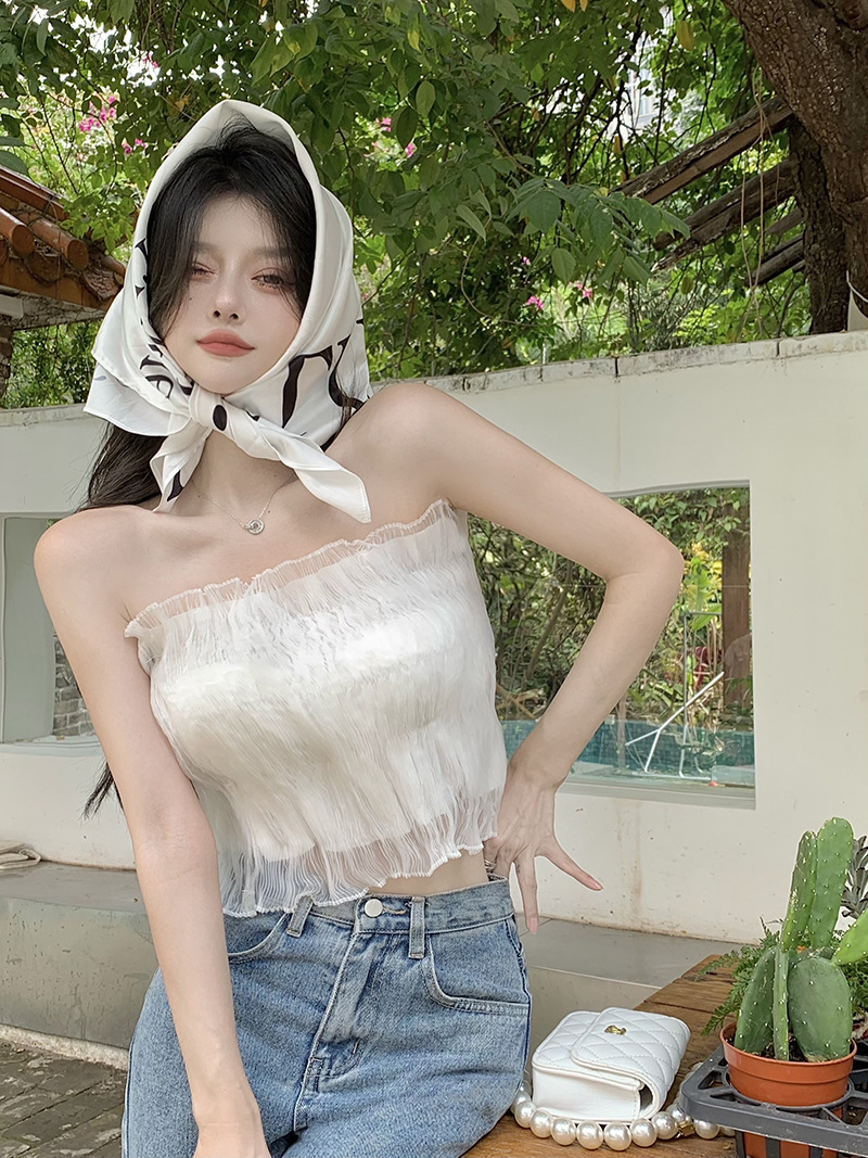 纯欲风白色抹胸女夏季外穿设计感小众褶皱短款裹胸防走光性感上衣